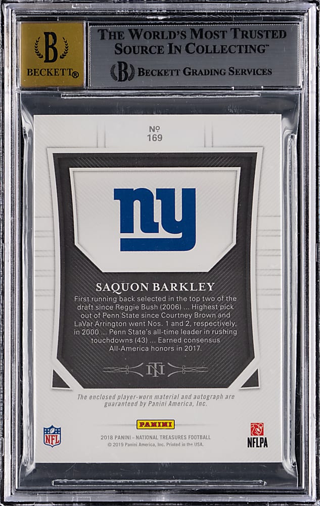 2018 National Treasures Football Rookie Patch Autographs #169 Saquon Barkley Midnight Beckett NM-MT 8 with Auto 10