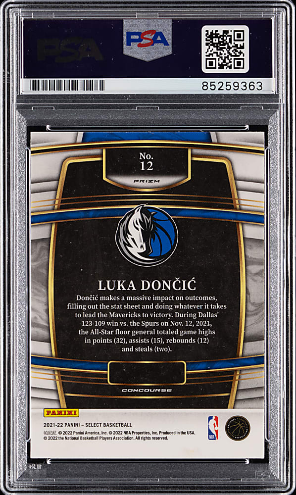Signed 2021-2022 Panini Select Basketball #12 Luka Doncic with PSA/DNA MINT 9 Auto Grade