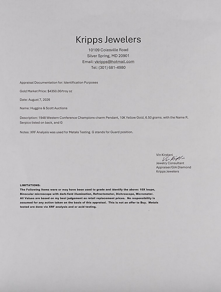1946 University of Illinois Western Conference Champions 10K Gold Football Pendant Charm Presented to Ralph "Babe" Serpico