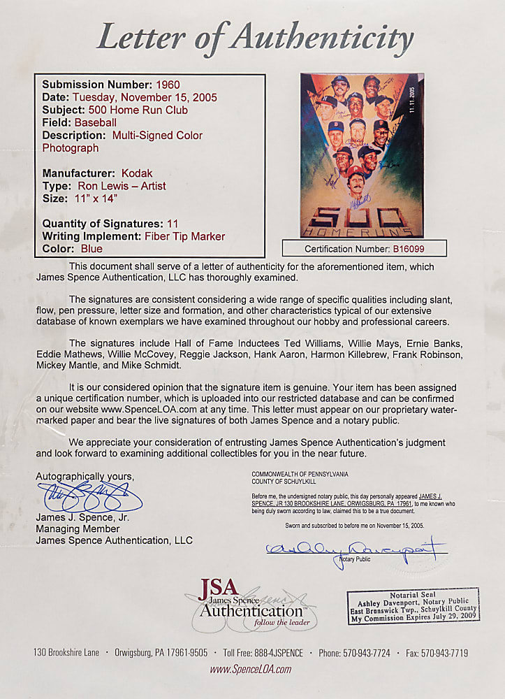 Ron Lewis 500 Home Run Club Multi-Signed & Framed 11x14 with (11) Signatures Including Mantle & T. Williams - Full JSA