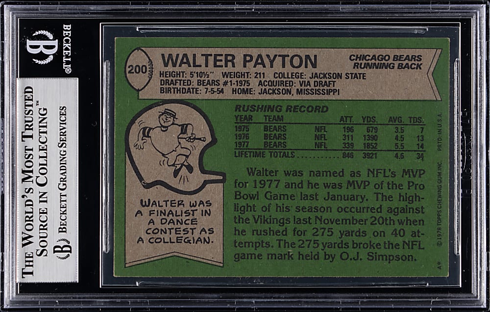 Signed 1978 Topps Football #200 Walter Payton All-Pro Beckett Authentic Autograph