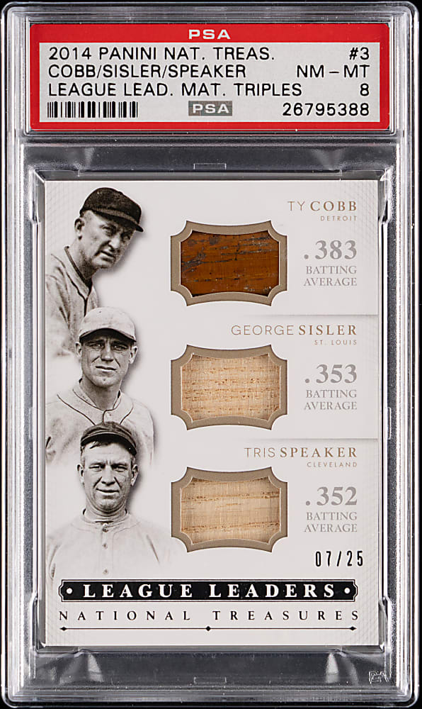 2014 National Treasures #3 League Leaders Material Triples Ty Cobb/George Sisler/Tris Speaker #7/25 PSA NM-MT 8