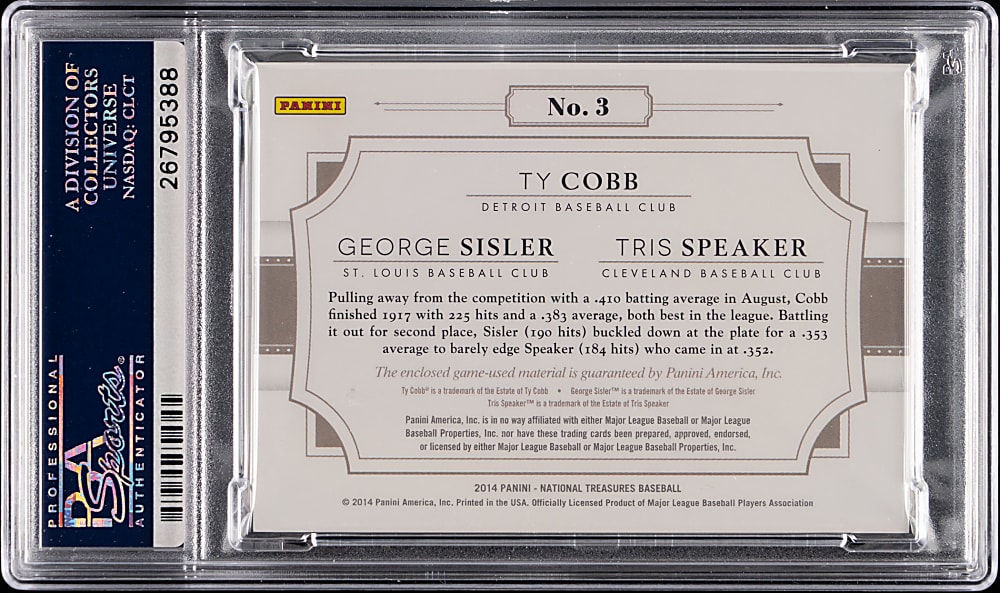 2014 National Treasures #3 League Leaders Material Triples Ty Cobb/George Sisler/Tris Speaker #7/25 PSA NM-MT 8