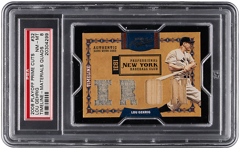 2008 Playoff Prime Cuts #32 Lou Gehrig Timeline Materials Quad Relic #1/5 PSA NM-MT 8
