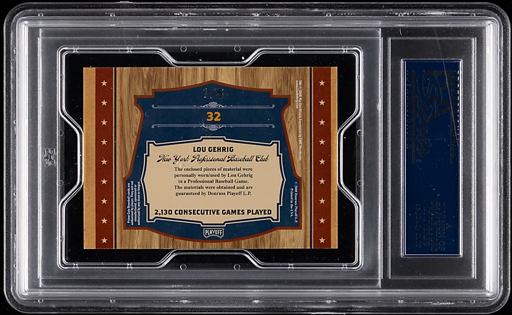 2008 Playoff Prime Cuts #32 Lou Gehrig Timeline Materials Quad Relic #1/5 PSA NM-MT 8