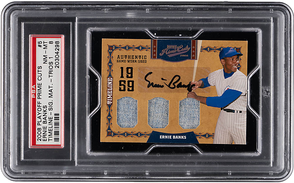 2008 Playoff Prime Cuts #5 Ernie Banks Timelines Signature Materials Trios #1/1 PSA NM-MT 8