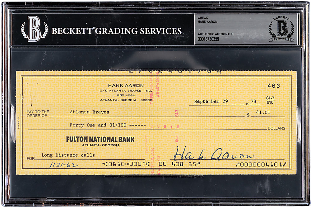 1978 Hank Aaron Signed Check - Beckett Authentic