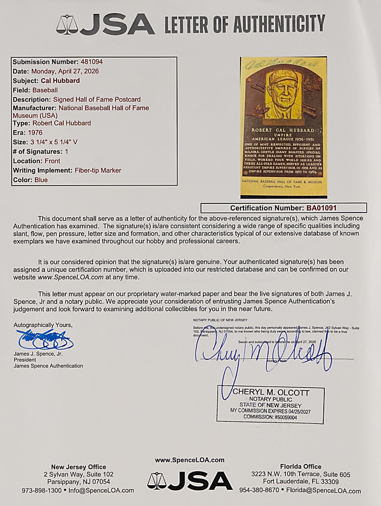 Cal Hubbard Signed Yellow Hall of Fame Postcard with Full JSA LOA