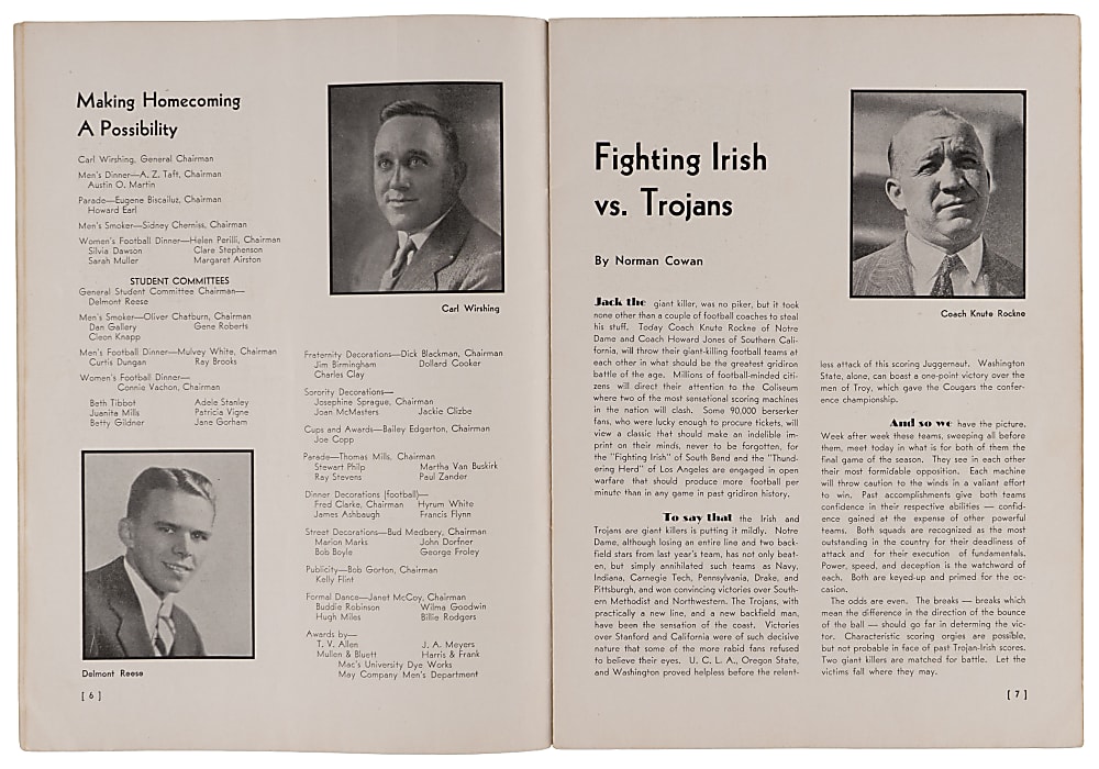 December 6, 1930 Notre Dame vs. University of Southern California Homecoming Football Program - Knute Rockne's Last Game!