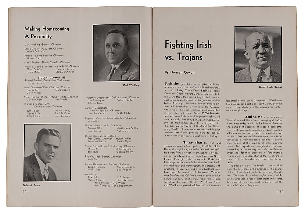 December 6, 1930 Notre Dame vs. University of Southern California Homecoming Football Program - Knute Rockne's Last Game!