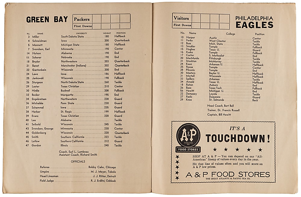 November 14, 1937 Philadelphia Eagles vs. Green Bay Packers Game Program