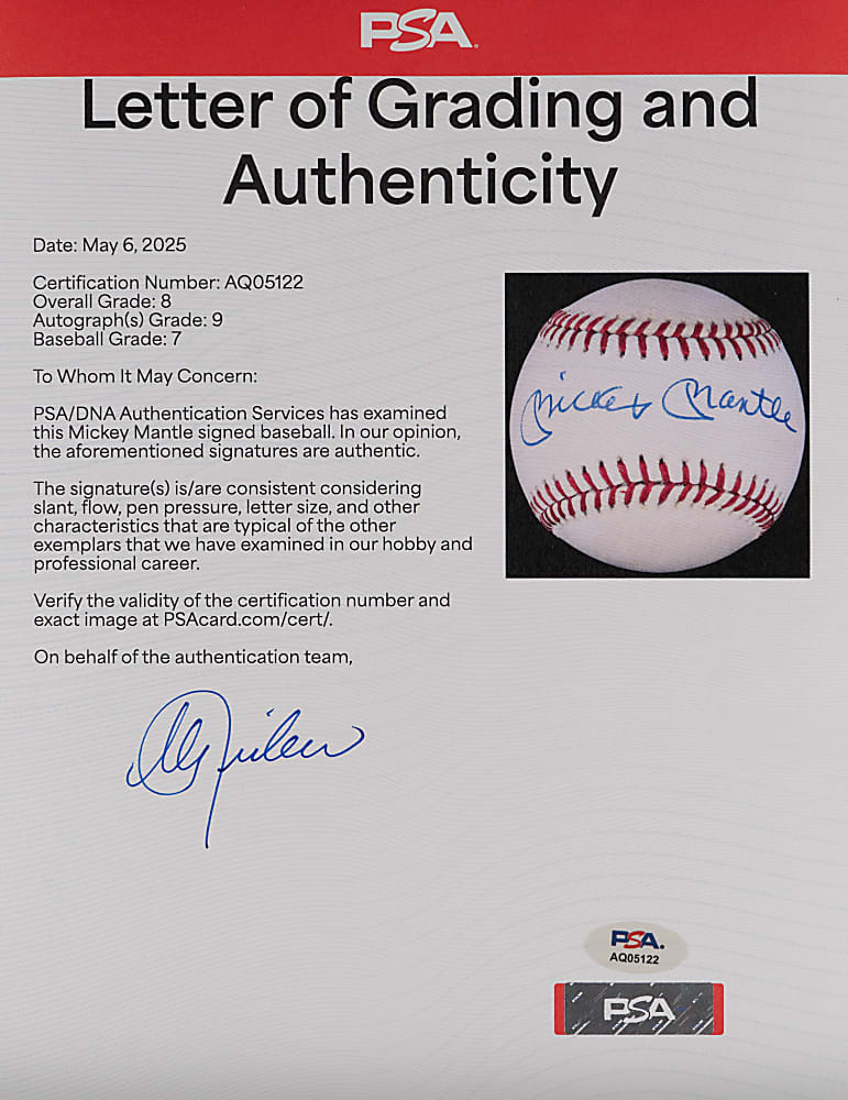 Mickey Mantle Single-Signed OAL/Brown Baseball PSA/DNA Auto Grade 9