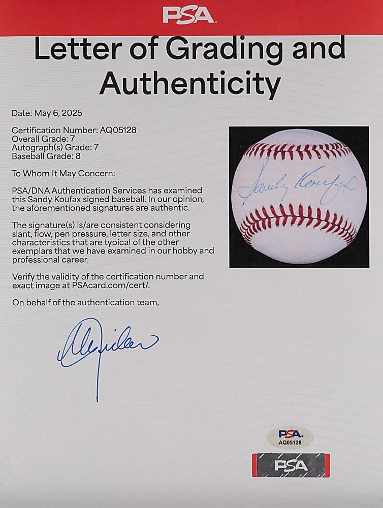 Sandy Koufax Single-Signed ONL/Giamatti Baseball PSA/DNA Overall Grade 7
