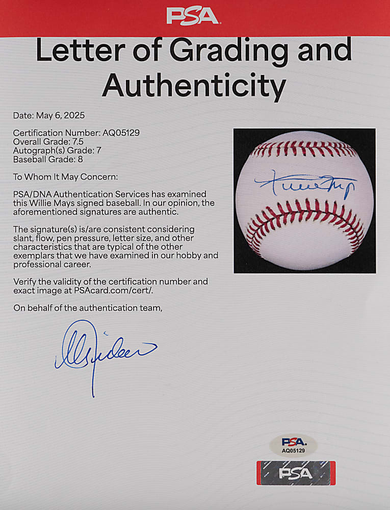 Willie Mays Single-Signed ONL/White Baseball PSA/DNA Overall Grade 7.5