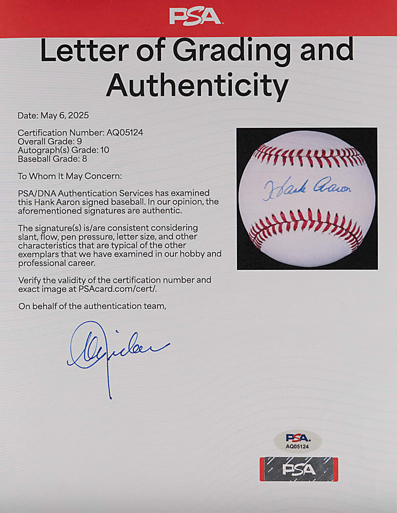 Hank Aaron Single-Signed ONL/White Baseball PSA/DNA Overall Grade 9