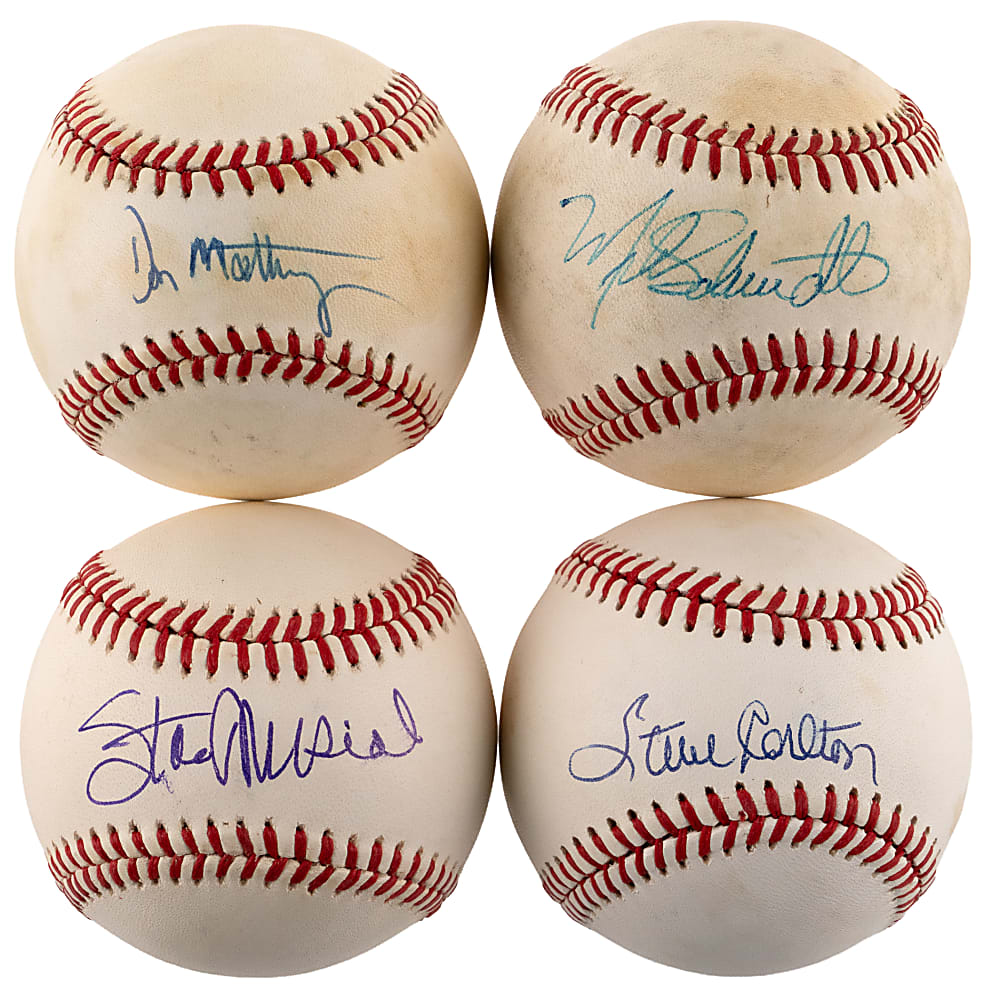 Superstar Single-Signed Baseball Quartet with Carlton, Mattingly, Musial & Schmidt - Each PSA/DNA 7-8