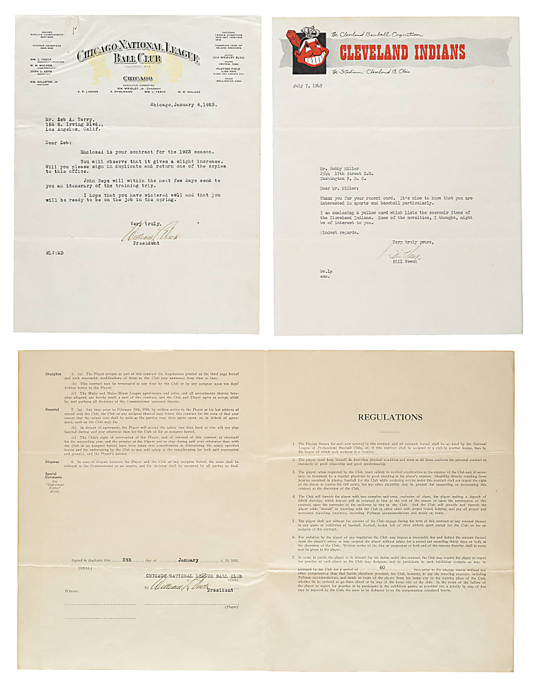 1923 and 1949 Bill Veeck Sr. and Bill Veeck Jr. Signed Letter and Contract Trio Including Zeb Terry Contract