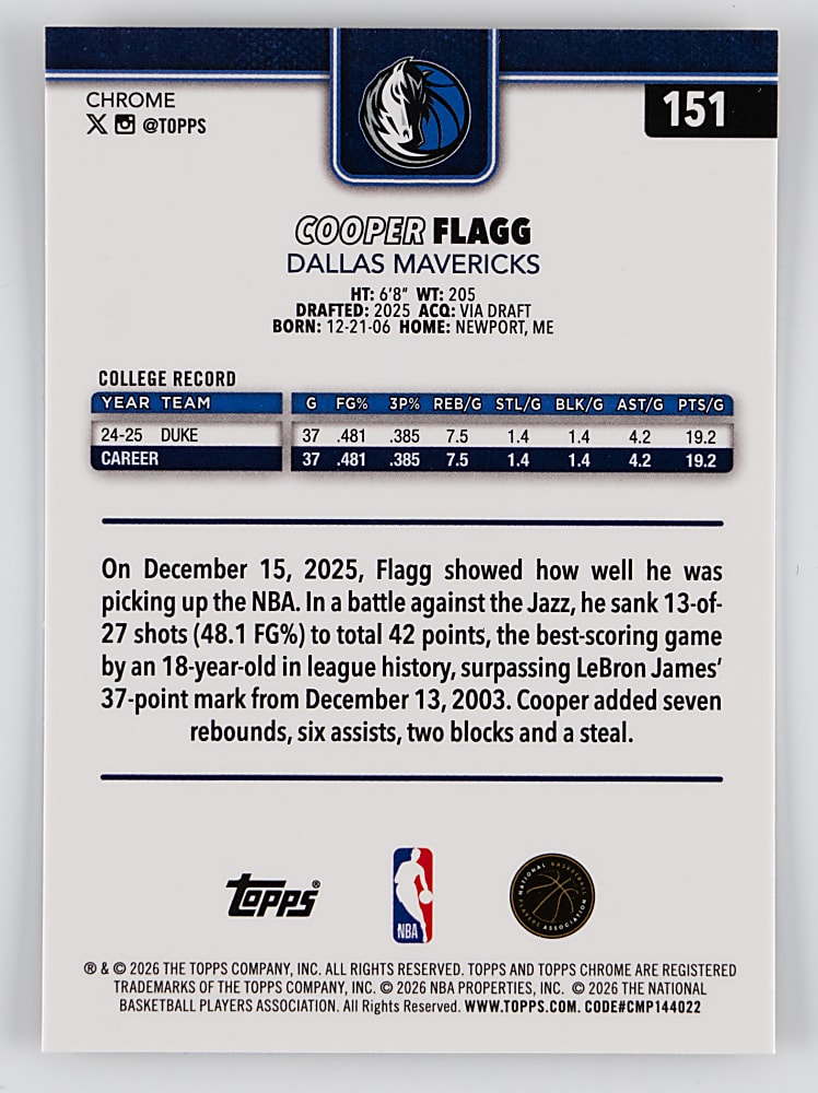 2025-2026 Topps Chrome Update Basketball #151 Cooper Flagg Gold Refractor Rookie #37/50