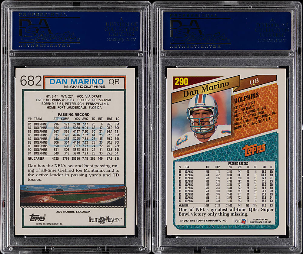 1992 & 1993 Topps Football Dan Marino PSA GEM MINT 10 Graded Pair