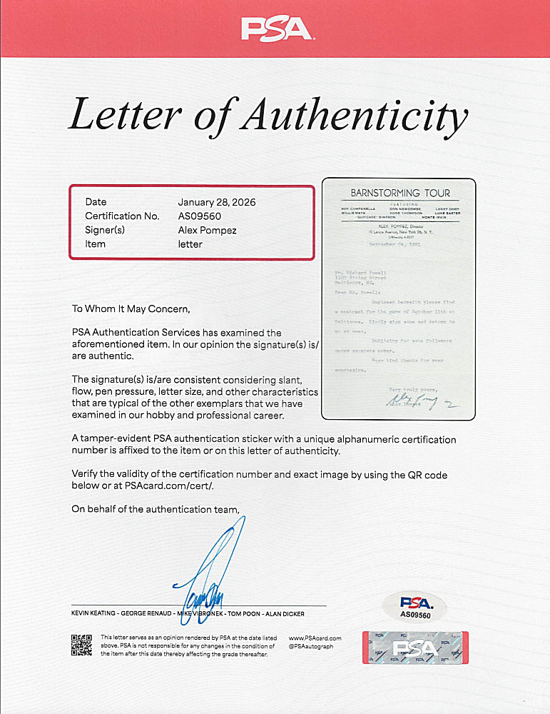 1951 Alex Pompez Typed Letter Signed on Tremendous Barnstorming Tour Letterhead - Full PSA LOA