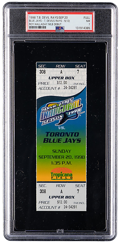 September 20th, 1998 Tampa Bay Devil Rays Versus Toronto Blue Jays Roy Halladay MLB Debut Full Ticket - PSA NM 7