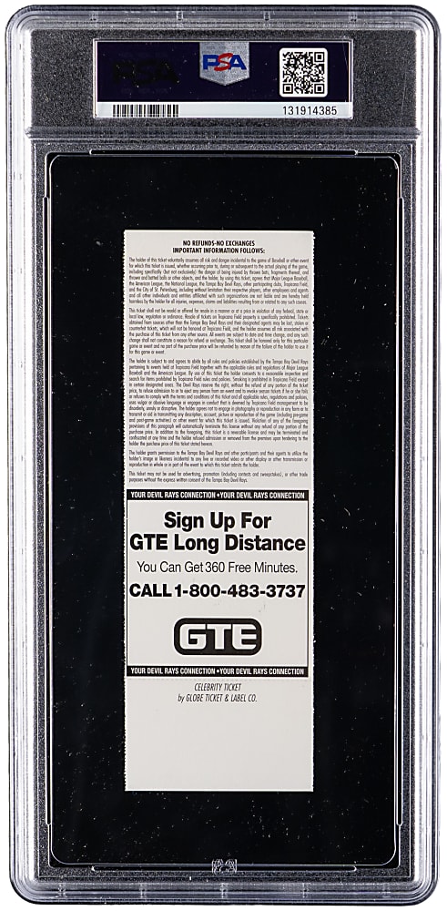 September 20th, 1998 Tampa Bay Devil Rays Versus Toronto Blue Jays Roy Halladay MLB Debut Full Ticket - PSA NM 7