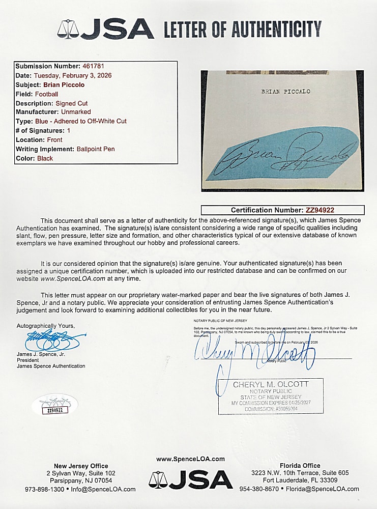 Brian Piccolo Cut Signature with “#41” Inscription - Full JSA LOA
