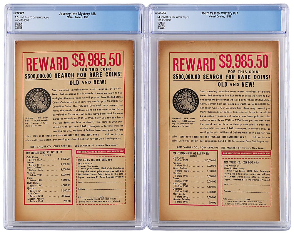 1962-1963 Marvel Journey Into Mystery (2) Issues with #87 CGC 1.8 & #88 Second Appearance of Loki CGC 3.0