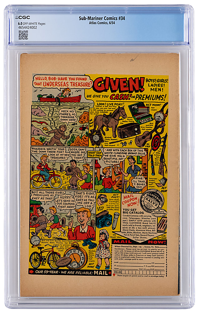1954 Atlas Sub-Mariner Comics #34 Namora Bondage Cover, Human Torch Back-Up Story - CGC 6.0