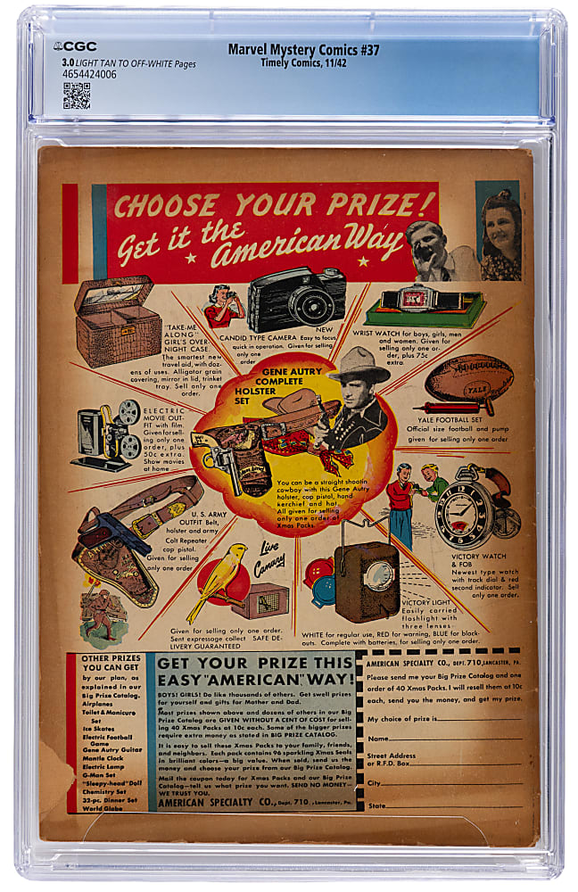 1942 Timely Marvel Mystery Comics #37 Classic Hitler Cover, Mickey Spillane Text Story - CGC 3.0