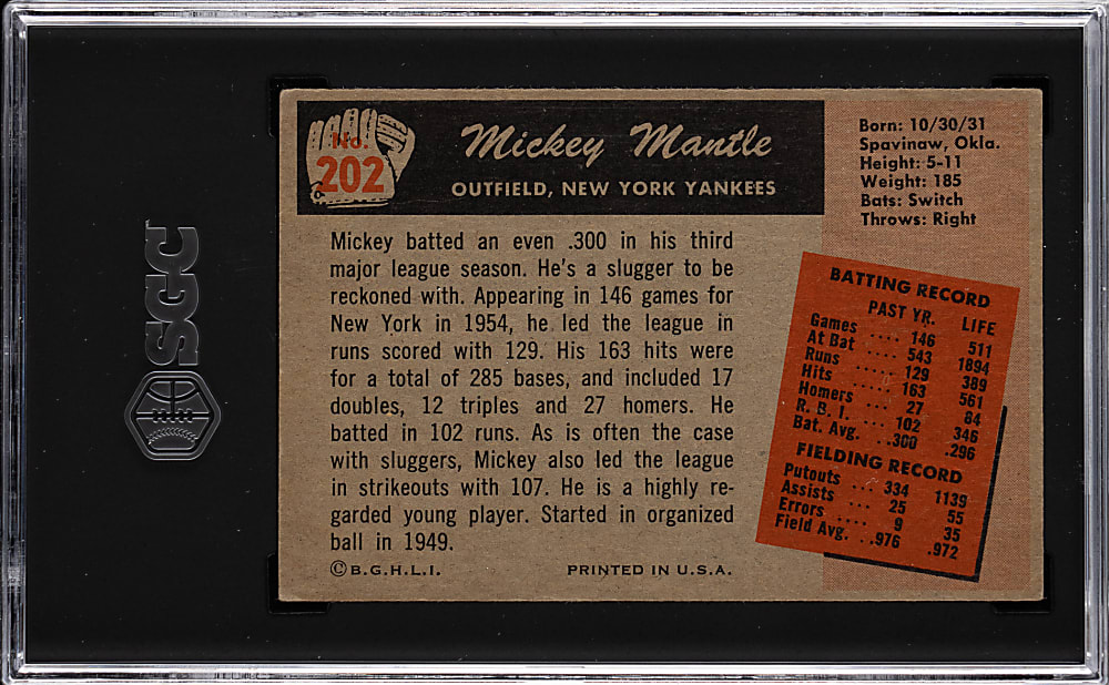 1955 Bowman #202 Mickey Mantle SGC VG 3