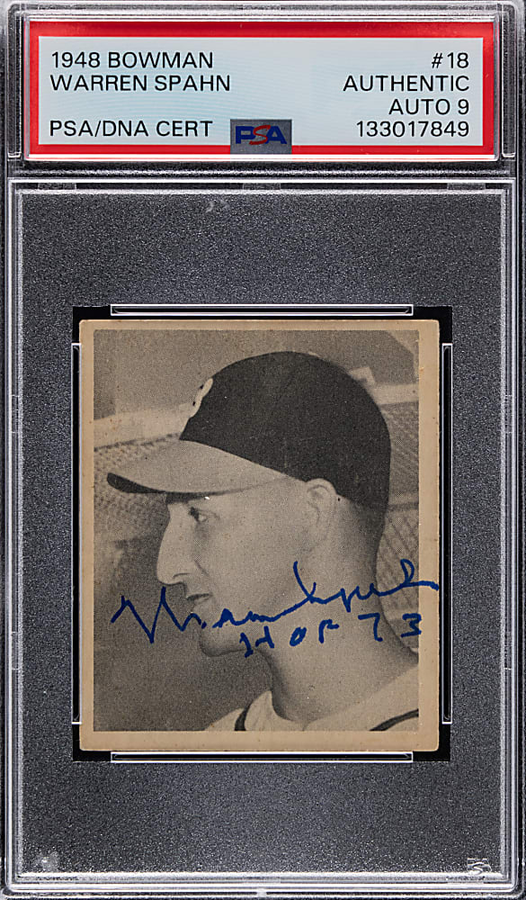 1948 Bowman #18 Warren Spahn Rookie Signed Card with PSA/DNA Auto 9 Grade