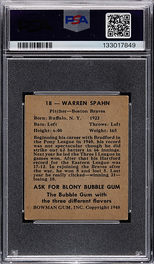 1948 Bowman #18 Warren Spahn Rookie Signed Card with PSA/DNA Auto 9 Grade