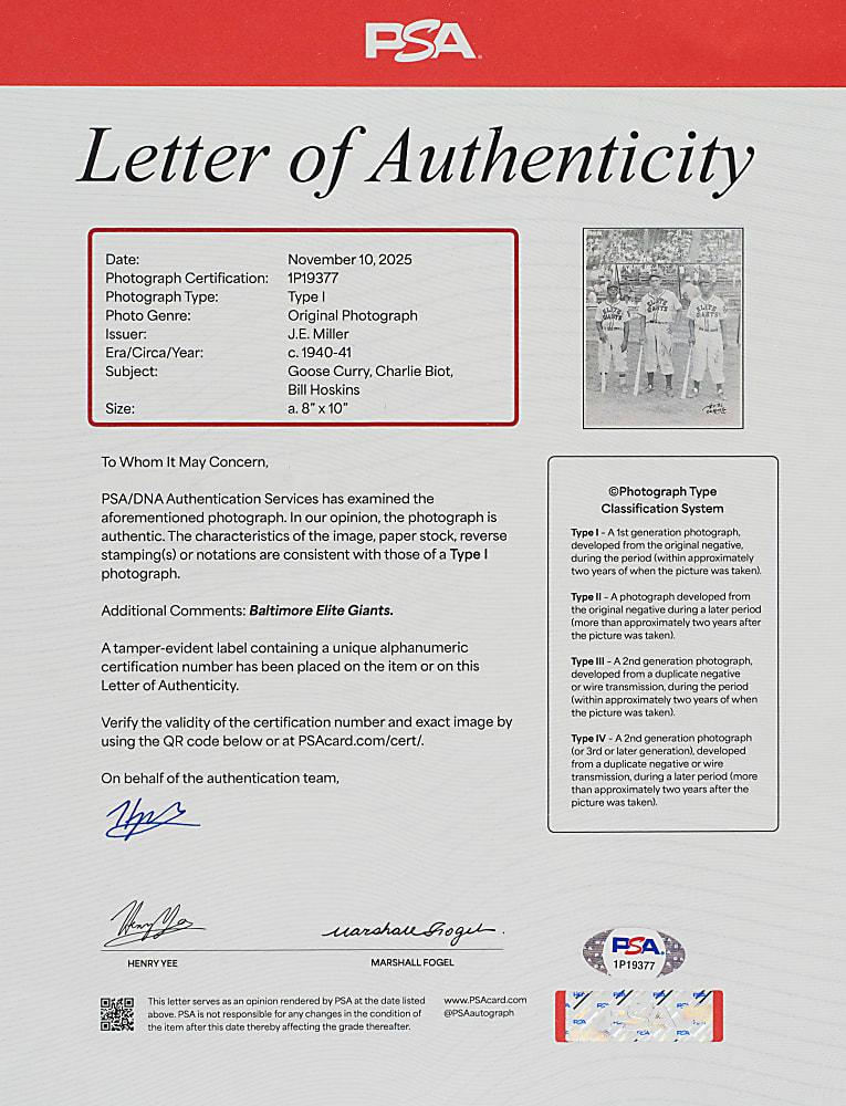 Circa 1940-1941 Baltimore Elite Giants (Negro Leagues) Original J.E. Miller Photograph PSA/DNA Type I with Biot, Curry & Hoskins