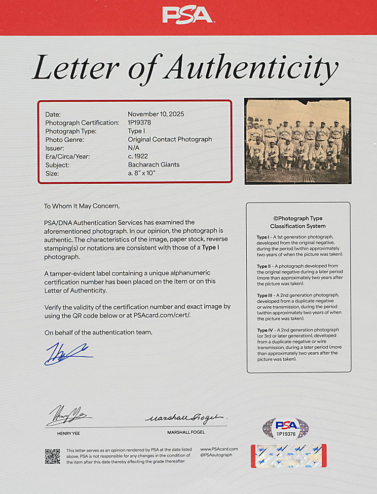 Circa 1922 Bacharach Giants (Negro Leagues) Original Photograph PSA/DNA Type I