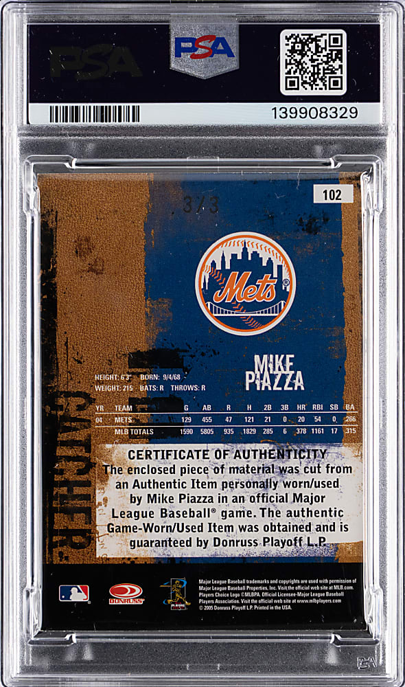 2005 Donruss Leather & Lumber #102 Mike Piazza MLB Logoman Patch #3/3 PSA NM-MT 8