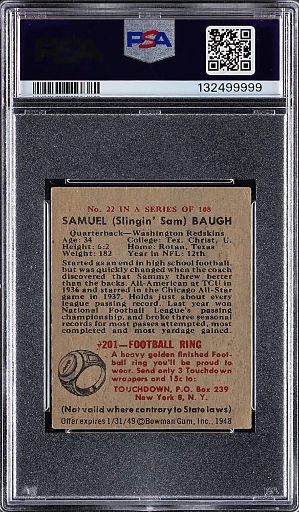1948 Bowman Football #22 Sammy Baugh Rookie Signed Card PSA VG 3 with Auto 10 Grade