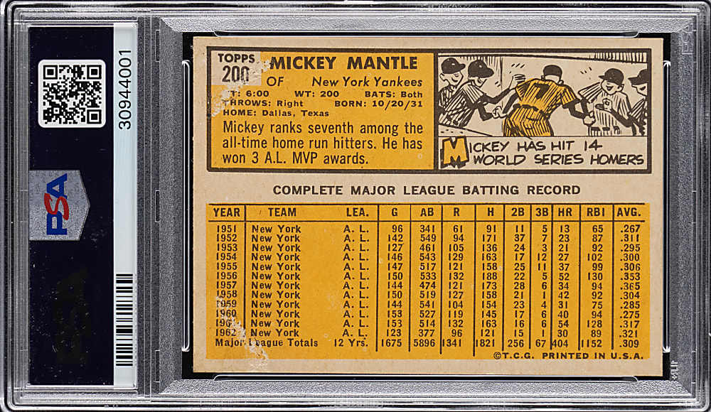 1963 Topps #200 Mickey Mantle PSA EX-MT 6