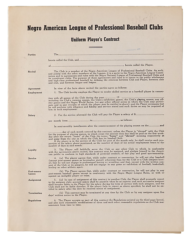 1940s Negro American League Uniform Player's Contract from Richard Powell Collection