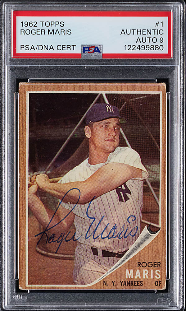 1962 Topps #1 Roger Maris Signed Card with PSA/DNA Authentic Auto 9 Grade