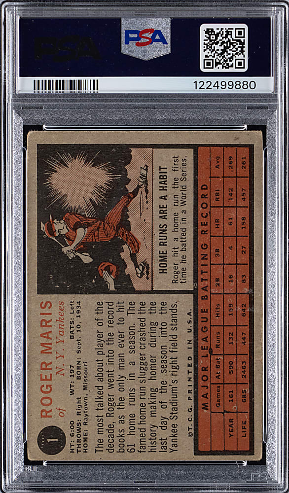 1962 Topps #1 Roger Maris Signed Card with PSA/DNA Authentic Auto 9 Grade