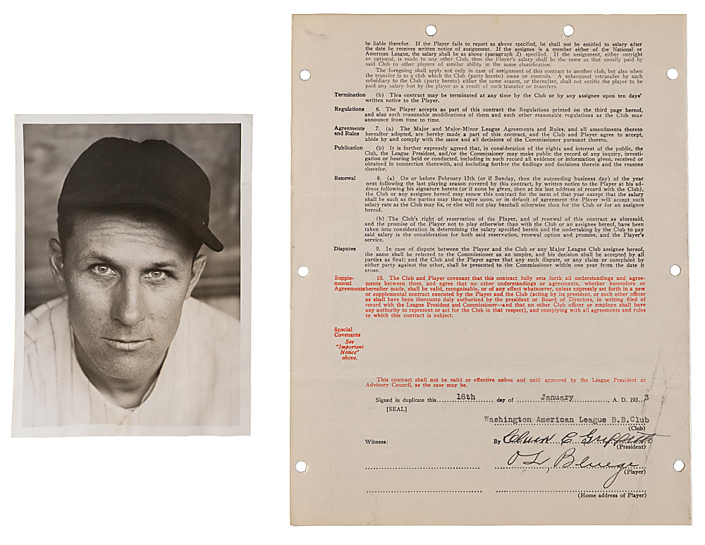 1933 Ossie Bluege and Clark Griffith Dual-Signed Uniform Player's Contract with 1933 Acme News Service 5x7 Bluege Photograph