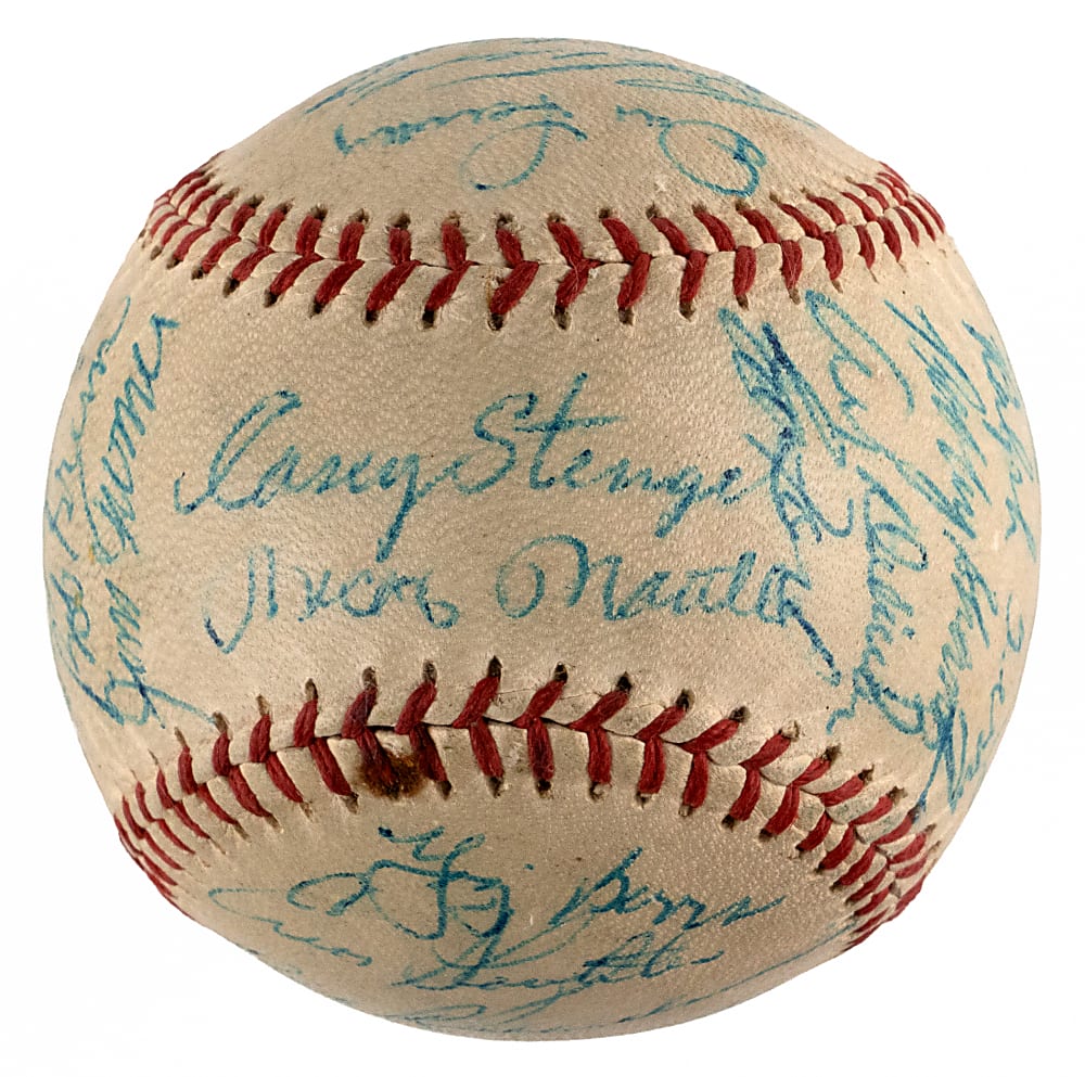 1957 American League Champion New York Yankees Team-Signed Baseball with (27) Signatures Including Tough Casey Stengel/Mickey Mantle Sweet Spot - Full JSA LOA