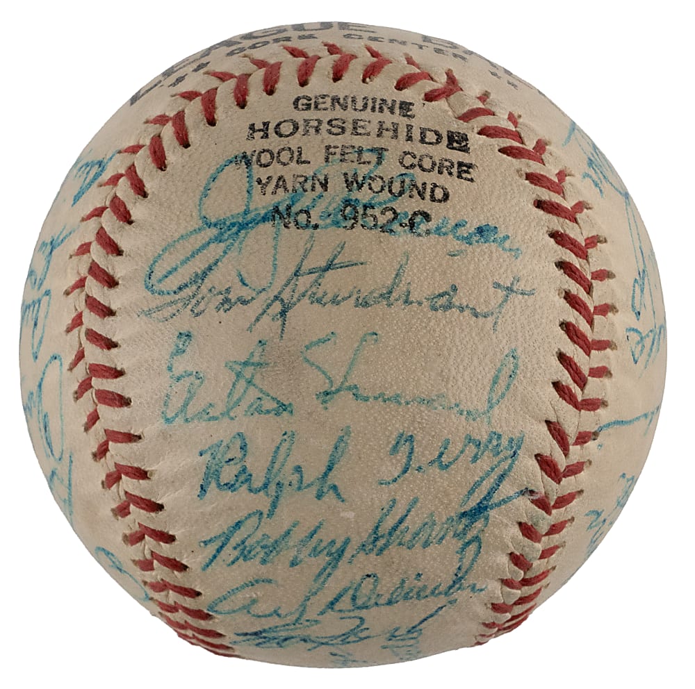 1957 American League Champion New York Yankees Team-Signed Baseball with (27) Signatures Including Tough Casey Stengel/Mickey Mantle Sweet Spot - Full JSA LOA