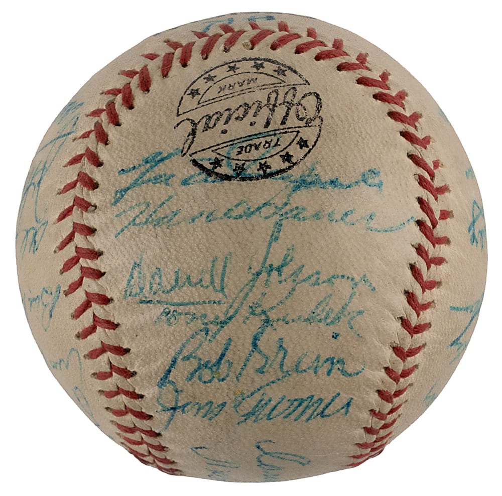 1957 American League Champion New York Yankees Team-Signed Baseball with (27) Signatures Including Tough Casey Stengel/Mickey Mantle Sweet Spot - Full JSA LOA