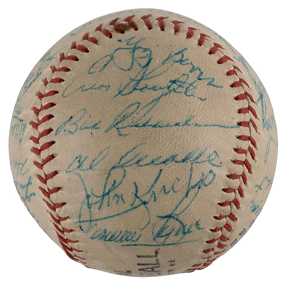 1957 American League Champion New York Yankees Team-Signed Baseball with (27) Signatures Including Tough Casey Stengel/Mickey Mantle Sweet Spot - Full JSA LOA