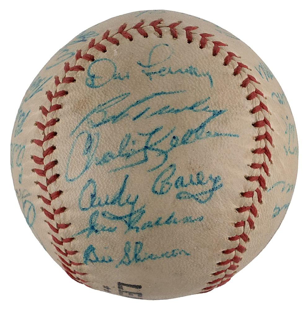 1957 American League Champion New York Yankees Team-Signed Baseball with (27) Signatures Including Tough Casey Stengel/Mickey Mantle Sweet Spot - Full JSA LOA