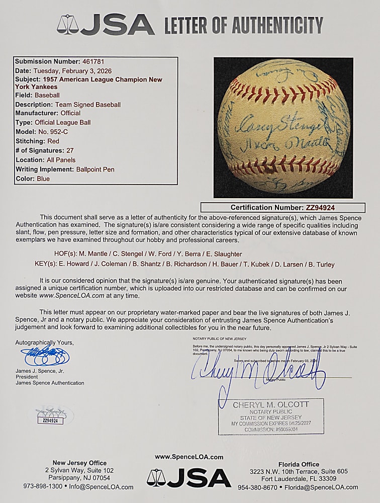 1957 American League Champion New York Yankees Team-Signed Baseball with (27) Signatures Including Tough Casey Stengel/Mickey Mantle Sweet Spot - Full JSA LOA