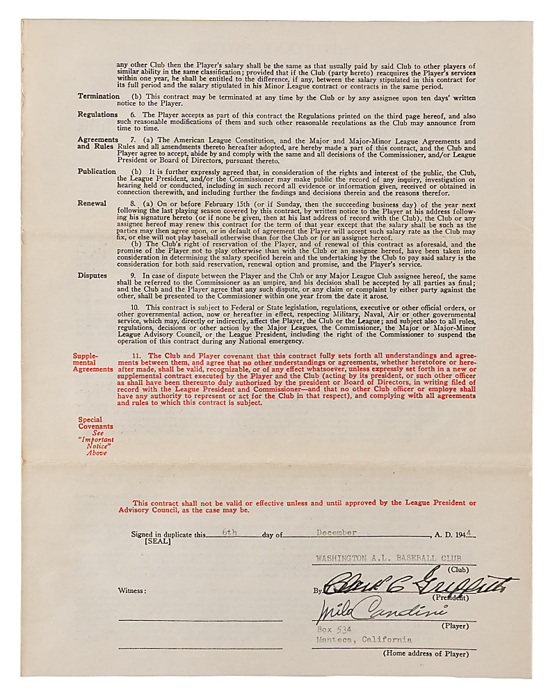 1944 Milo Candini and Clark Griffith Dual-Signed Uniform Player's Contract
