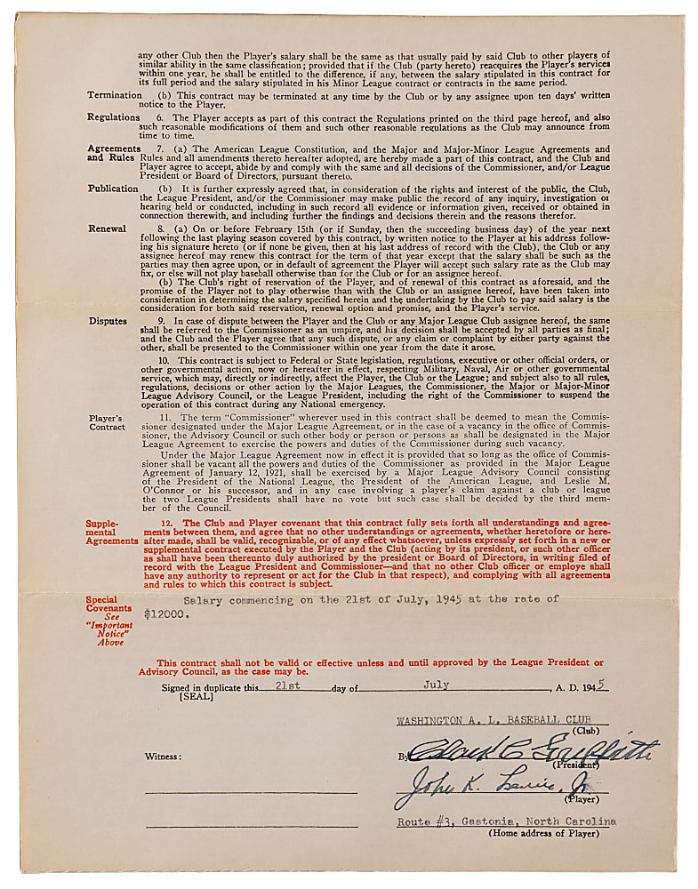 1945 Buddy Lewis, Clark Griffith & William Harridge Signed Uniform Player's Contract